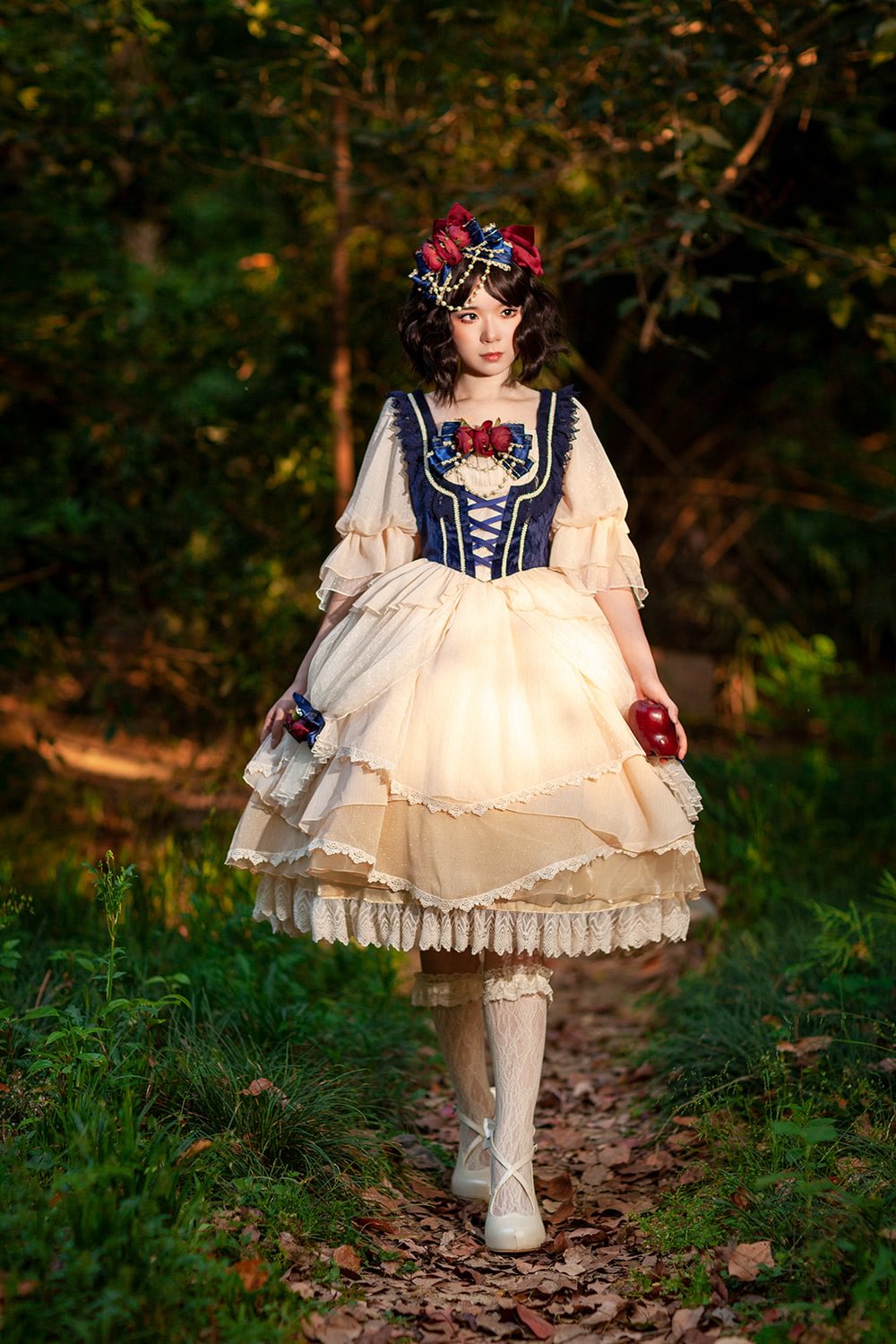 Classic lolita White with Blue Princess Dress Short Sleeve OP Lolita Multi Layer Lace Cake Dress