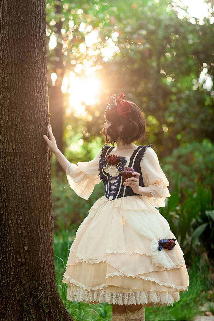 Classic lolita White with Blue Princess Dress Short Sleeve OP Lolita Multi Layer Lace Cake Dress