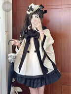 Cloak Coat Lolita Versatile Wool Jacket Autumn and Winter Elegant Black and White Camellia