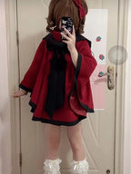 Cloak Coat Lolita Versatile Wool Jacket Autumn and Winter Elegant Black and White Camellia