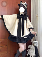 Cloak Coat Lolita Versatile Wool Jacket Autumn and Winter Elegant Black and White Camellia