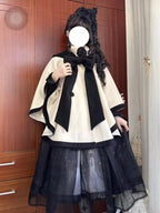 Cloak Coat Lolita Versatile Wool Jacket Autumn and Winter Elegant Black and White Camellia