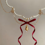 Creamberry Christmas Bow Ribbon Bell Pearl Necklace Dream Sweet