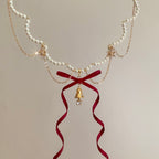 Creamberry Christmas Bow Ribbon Bell Pearl Necklace Dream Sweet