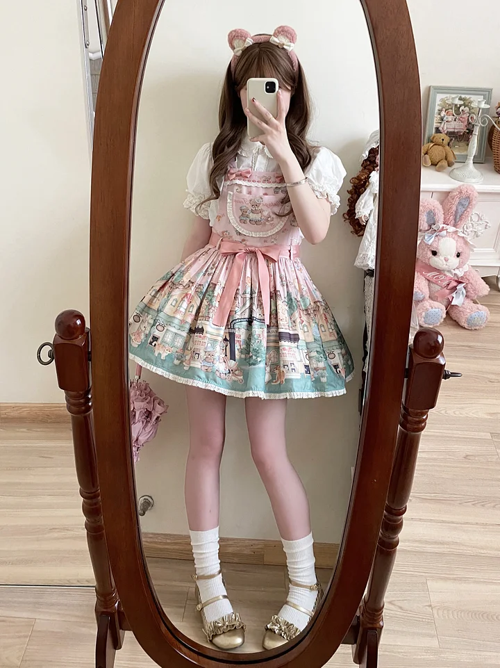 Sweet Lolita Cute Bear Embroider Strap Bow Printed Dress