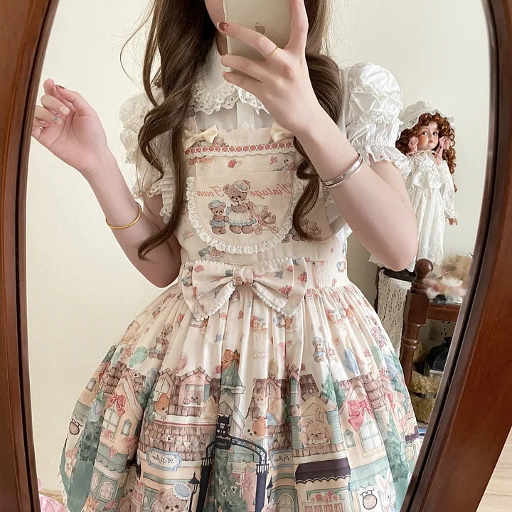 Sweet Lolita Cute Bear Embroider Strap Bow Printed Dress