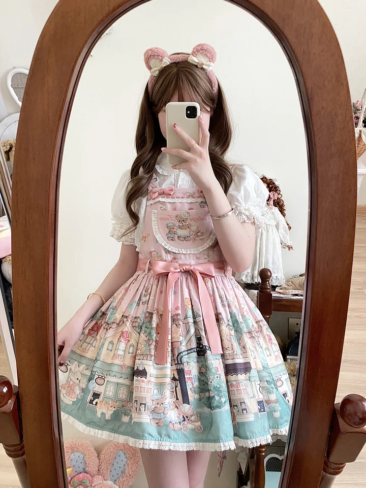 Sweet Lolita Cute Bear Embroider Strap Bow Printed Dress