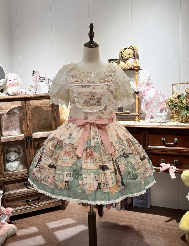 Sweet Lolita Cute Bear Embroider Strap Bow Printed Dress