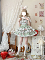Sweet Lolita Blue Pink Cute Bunny Strap Printed Cake Dress Bow Lace Skirt
