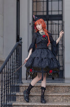Gothic Lolita Dark Black Long Princess Sleeve Lace Dresses for Halloween