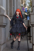 Gothic Lolita Dark Black Long Princess Sleeve Lace Dresses for Halloween