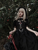 Dark Goth Lolita Rose Embroider Hollow Black Top Irregular Lower Skirt Set Lolita Dress