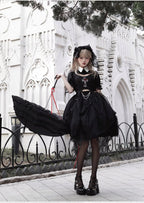Dark Goth Lolita Rose Embroider Hollow Black Top Irregular Lower Skirt Set Lolita Dress