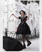 Dark Goth Lolita Rose Embroider Hollow Black Top Irregular Lower Skirt Set Lolita Dress