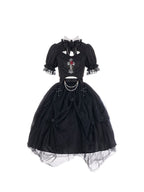 Dark Goth Lolita Rose Embroider Hollow Black Top Irregular Lower Skirt Set Lolita Dress