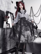 Dark Gothic Print Dress Elegant Lolita Long Sleeve Shirt Long Skirt