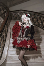 Gothic Lolita Rose Carf Skirt Black and Red Vampire Shoulder Straps Dress Bell Sleeves Bolero