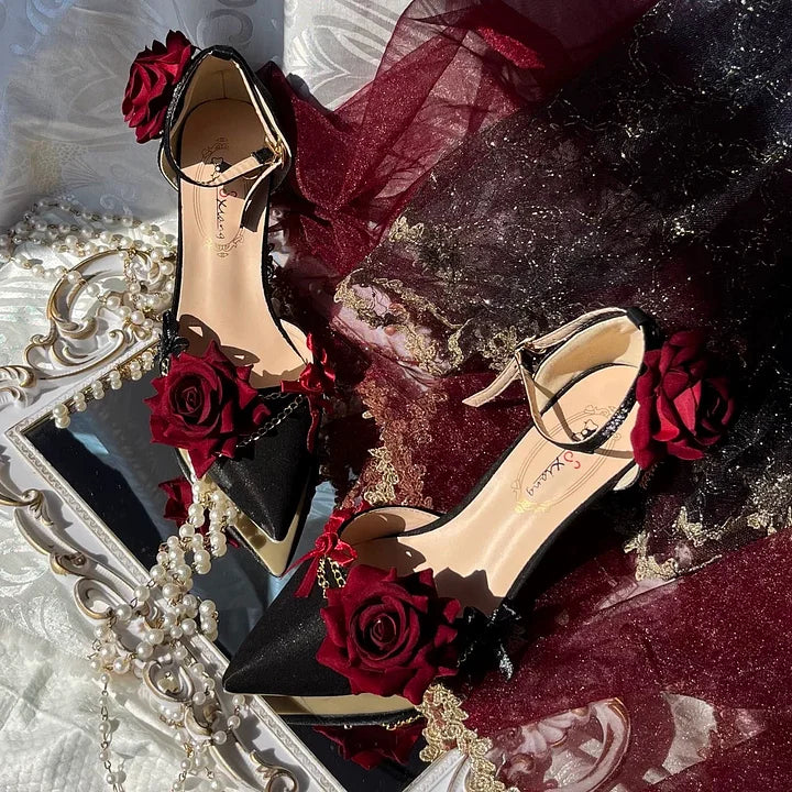 Dark Rose Goth Lolita Gorgeous Pointed-toe Mid Heel Lolita Shoes Part Shoes