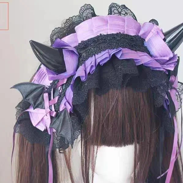 Devil's Horn Sweet Goth Lolita Hairband for Hallowmas Lace Ruffle Headwear