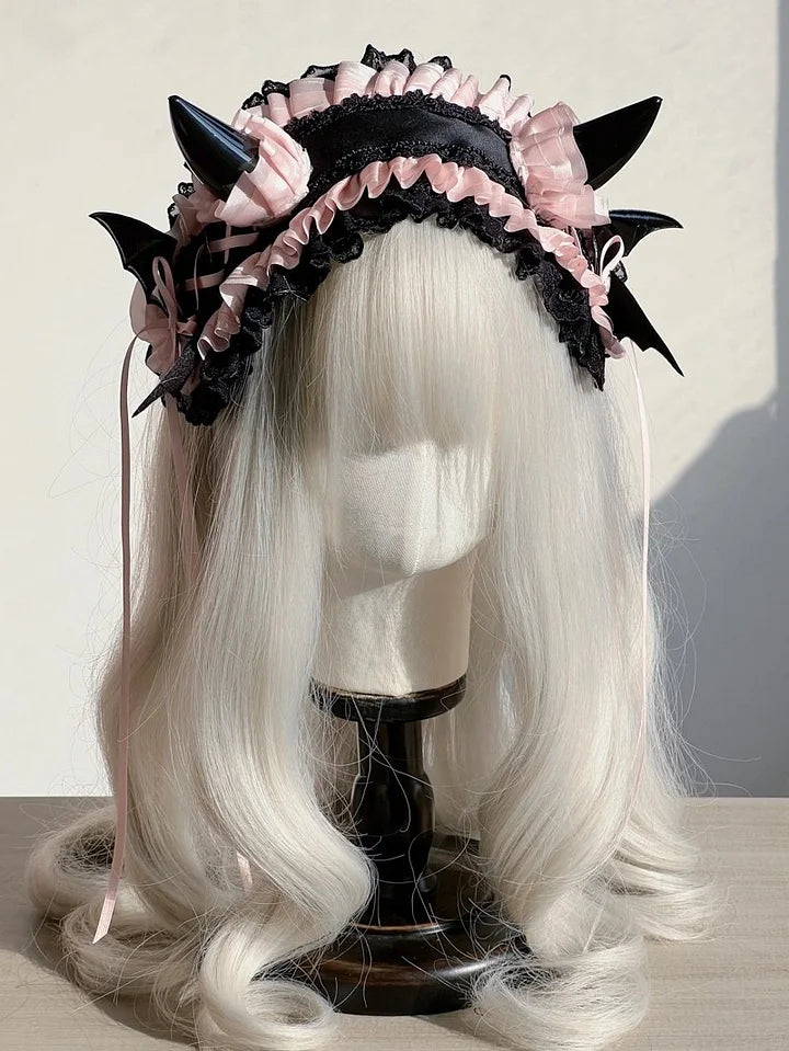 Devil's Horn Sweet Goth Lolita Hairband for Hallowmas Lace Ruffle Headwear