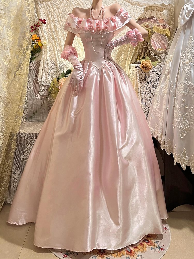 Dignified and Elegant High-end One-word Shoulder Dress Birthday Dinner Party Dress Pink