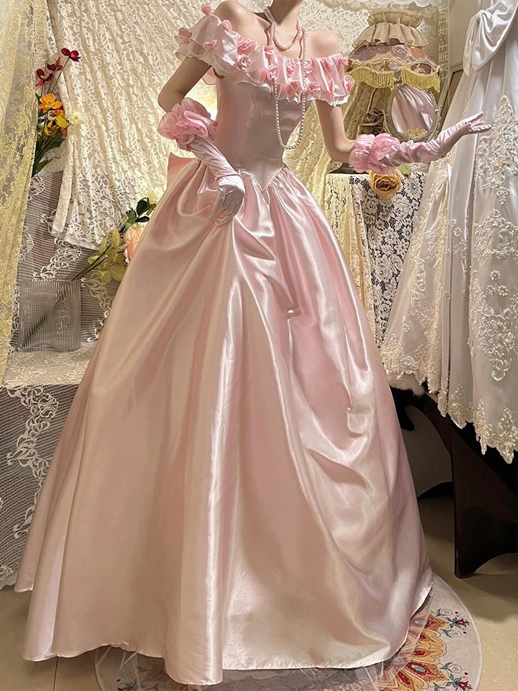 Dignified and Elegant High-end One-word Shoulder Dress Birthday Dinner Party Dress Pink