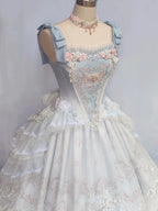 Hime Lolita Dream Light Blue Embroider Ruffle Lace Princess Dress Set JSK