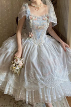 Hime Lolita Dream Light Blue Embroider Ruffle Lace Princess Dress Set JSK