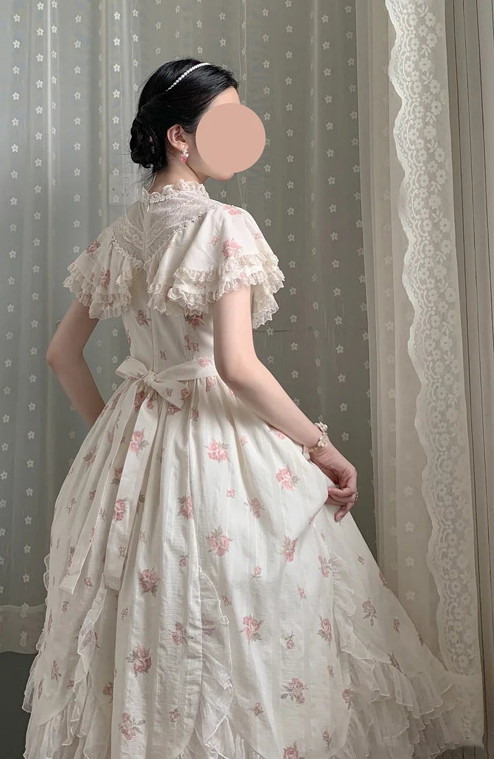 Classic Lolita Pink Elegant Floral Lace Retro Idyllic Style Printed Flower