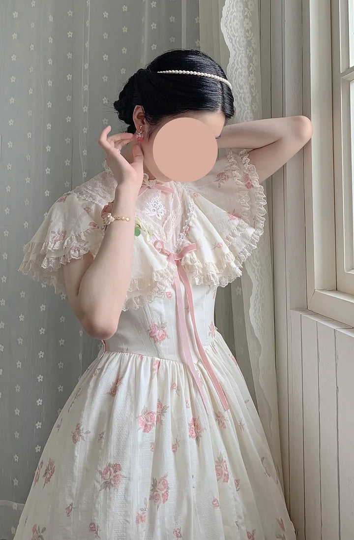 Classic Lolita Pink Elegant Floral Lace Retro Idyllic Style Printed Flower