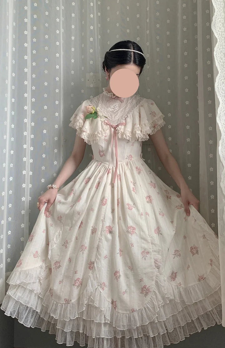 Classic Lolita Pink Elegant Floral Lace Retro Idyllic Style Printed Flower