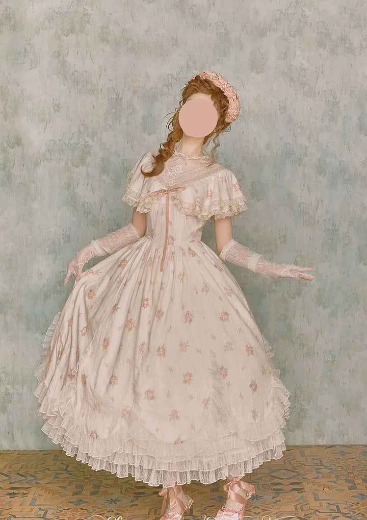 Classic Lolita Pink Elegant Floral Lace Retro Idyllic Style Printed Flower