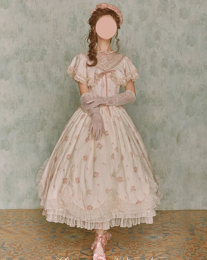 Classic Lolita Pink Elegant Floral Lace Retro Idyllic Style Printed Flower