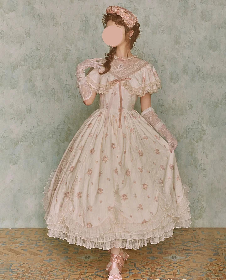 Classic Lolita Pink Elegant Floral Lace Retro Idyllic Style Printed Flower