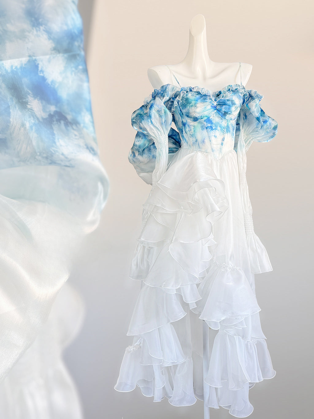 Wedding Lolita Dress Blue - White Tie - Dye Ruffled Off - Shoulder Summer JSK Gown