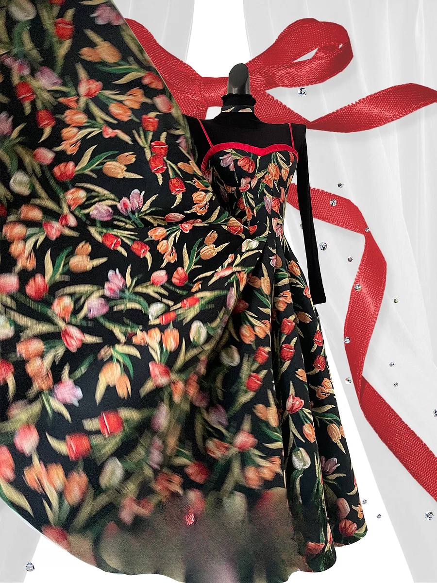 Elegant Floral Printed JSK Dress Black Midi Length Retro Classic Lolita Style Spring Summer