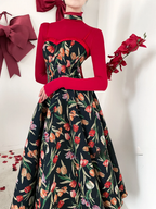 Elegant Floral Printed JSK Dress Black Midi Length Retro Classic Lolita Style Spring Summer