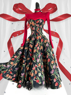 Elegant Floral Printed JSK Dress Black Midi Length Retro Classic Lolita Style Spring Summer