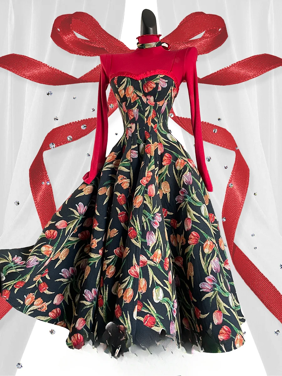 Elegant Floral Printed JSK Dress Black Midi Length Retro Classic Lolita Style Spring Summer