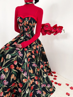 Elegant Floral Printed JSK Dress Black Midi Length Retro Classic Lolita Style Spring Summer
