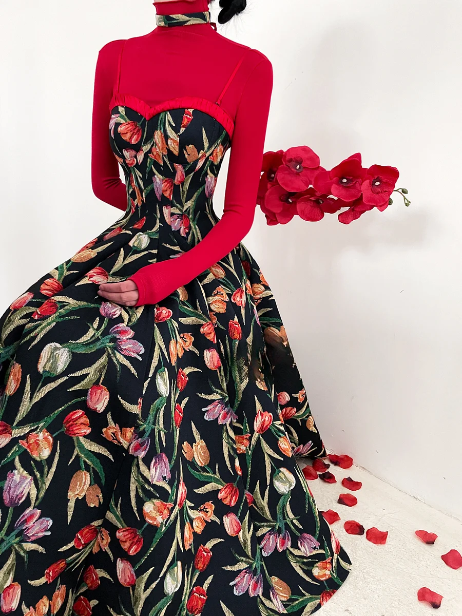 Elegant Floral Printed JSK Dress Black Midi Length Retro Classic Lolita Style Spring Summer