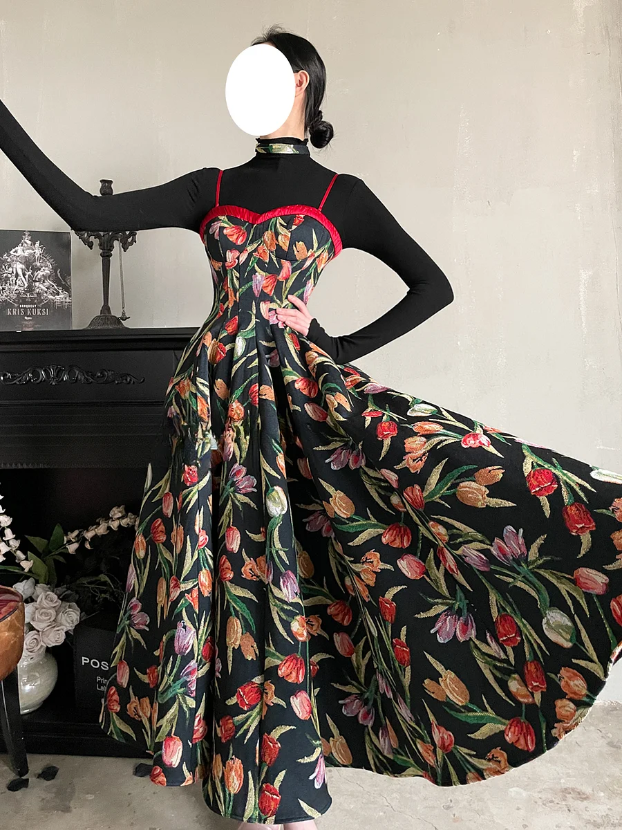 Elegant Floral Printed JSK Dress Black Midi Length Retro Classic Lolita Style Spring Summer