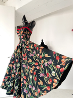 Elegant Floral Printed JSK Dress Black Midi Length Retro Classic Lolita Style Spring Summer