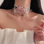 Elegant Pink Rose Lace Chock Lolita Accessory Fairy Necklace