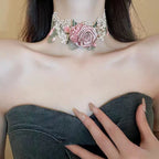 Elegant Pink Rose Lace Chock Lolita Accessory Fairy Necklace