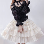 Flower Marriage Sweet Girlfriend Elegant Princess OP White with Black Long Sleeve Cake Lolita Dress