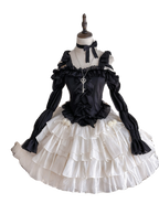 Flower Marriage Sweet Girlfriend Elegant Princess OP White with Black Long Sleeve Cake Lolita Dress