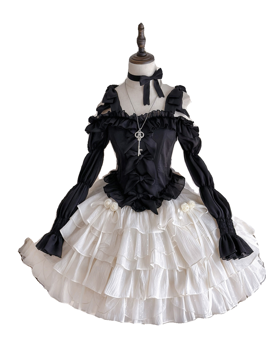 Flower Marriage Sweet Girlfriend Elegant Princess OP White with Black Long Sleeve Cake Lolita Dress