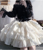Flower Marriage Sweet Girlfriend Elegant Princess OP White with Black Long Sleeve Cake Lolita Dress