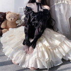 Flower Marriage Sweet Girlfriend Elegant Princess OP White with Black Long Sleeve Cake Lolita Dress